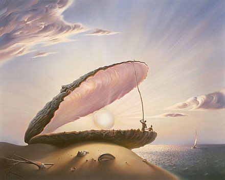 beautiful surrealist painting pearl oyster shell sun art
