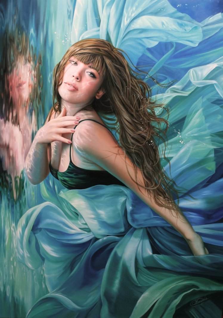 woman fine art painting mermaid underwater reflection vanity beautiful 