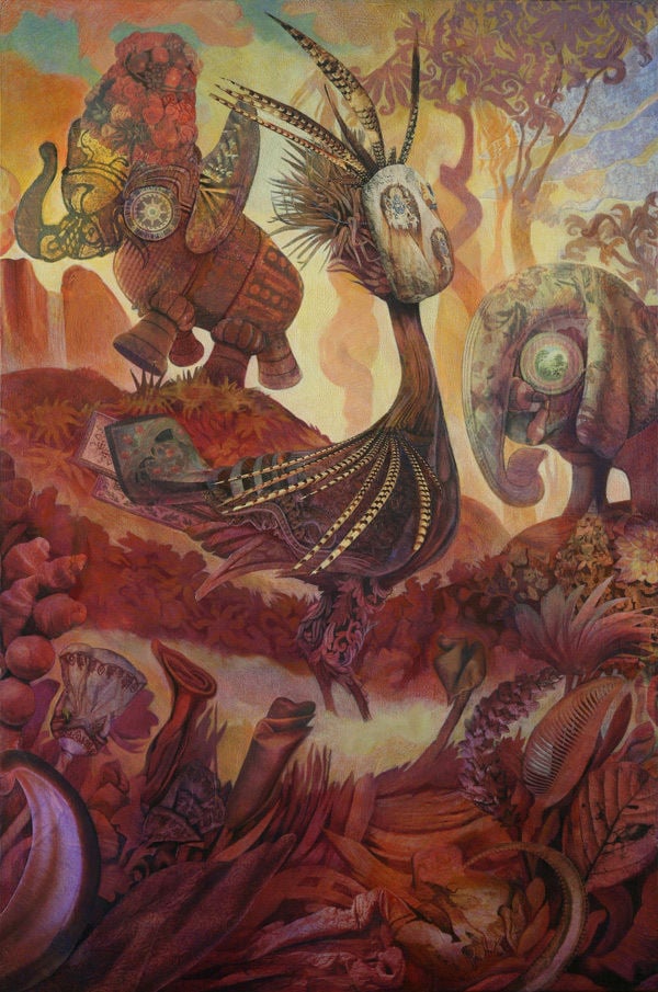 A trippy mixed media surrealist painting by David Ball of birds and