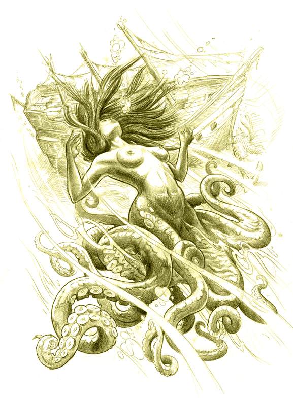 A beautiful fantasy tattoo sketch by Jee Sayalero of mermaid with