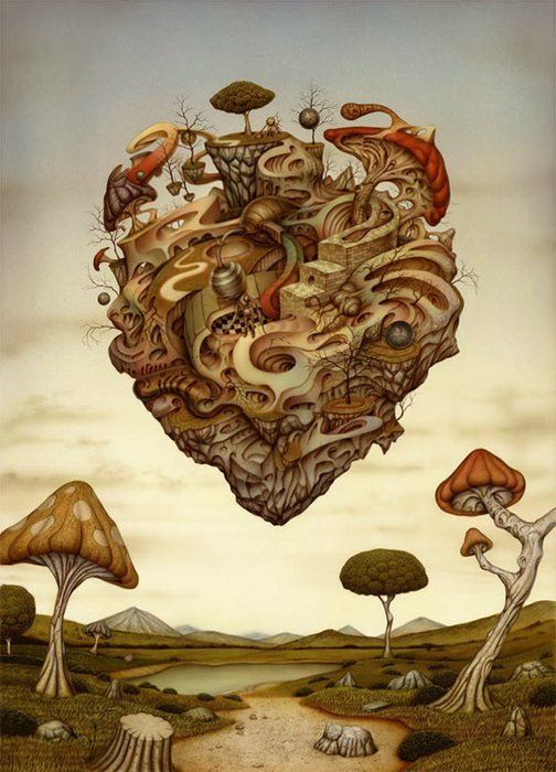 A trippy heart made out of mushrooms floats in this surrealist painting