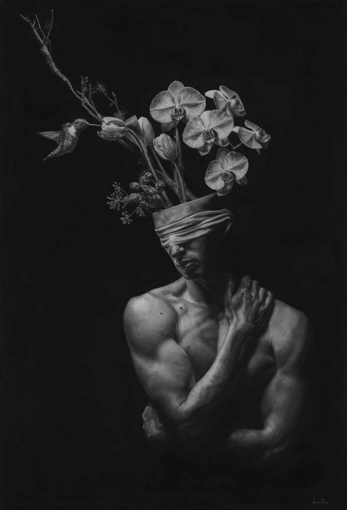 This self portrait by hyperrealism and surrealism artist Jono Dry portrays the artist as a vessel for beautiful flowers which hummingbirds are inspired to visit