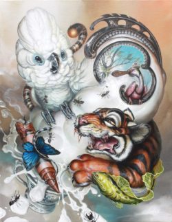 A cockatiel and tiger form an unlikely animal relationship in this pop surrealism cartoon painting by Greg Simkins