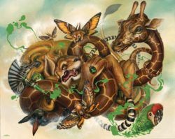 African animals, butterflies and birds get caught in a tangle in this pop surrealist painting by Greg Simkins
