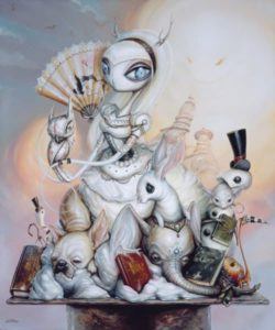 Beautiful but bizarre, this painting is a perfect example of Greg Simkins pop surrealist imagination