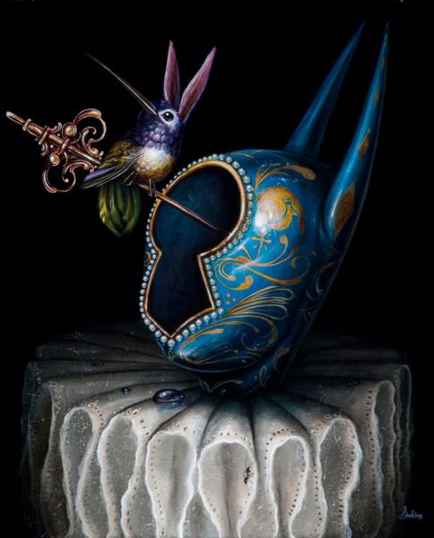Greg Simkins combines fantasy and pop surrealism to create this beautiful but bizarre painting