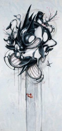Greg "Craola" Simkins has used killer whales as the subject of this twisted, graffiti and pop surrealism painting