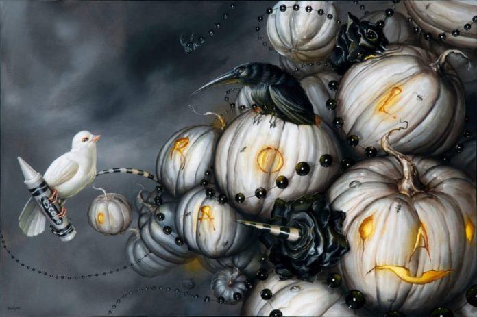 Greg "Craola" Simkins combines Gothic and Halloween images with a cartoon style in this pop surrealism painting