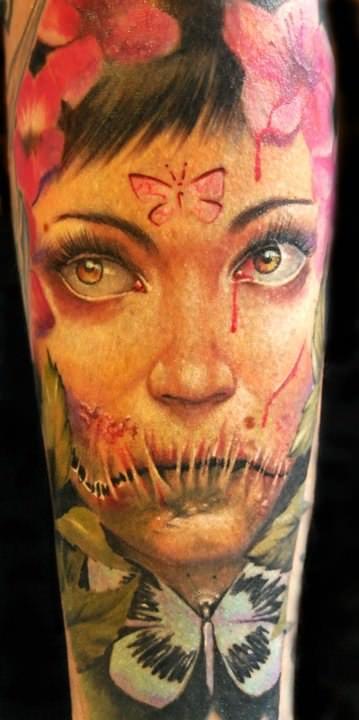 horror fairy woman face portrait tattoo design butterfly