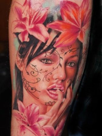pase beautiful woman face portrait tattoo design flowers photorealistic