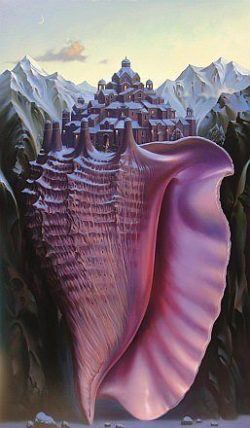 surrealism painting sea shell town mountains clever art