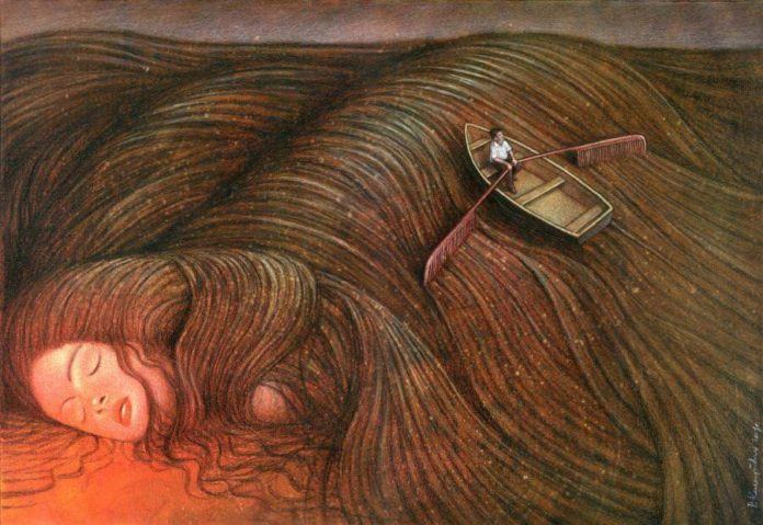 surrealism woman dreaming row boat in hair beautiful painting art