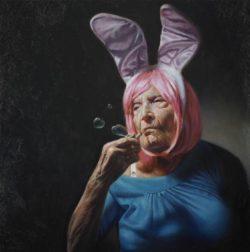 yarmosky old woman bunny ears smoke bubbles funny painting