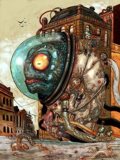 aquanaut monster city strange crazy painting illustration art sci fi