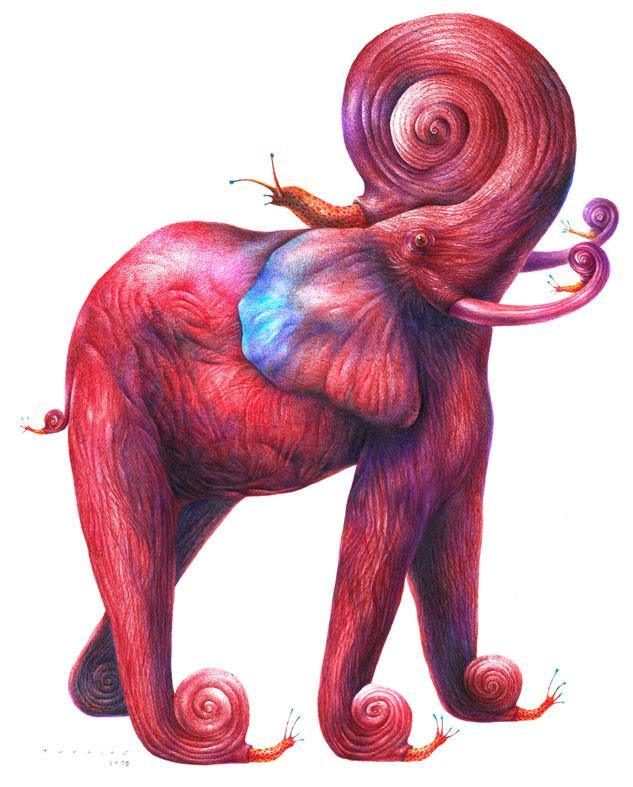 elephant snail abstract surrealism animal hybrid art painting illustration