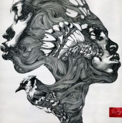 A pen and ink painting by Gabriel Moreno that merges the faces of two African women