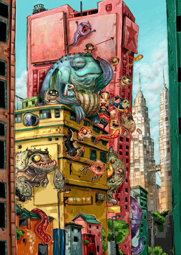 monsters in the city colorful nightmare illustration art drawing creative creatures