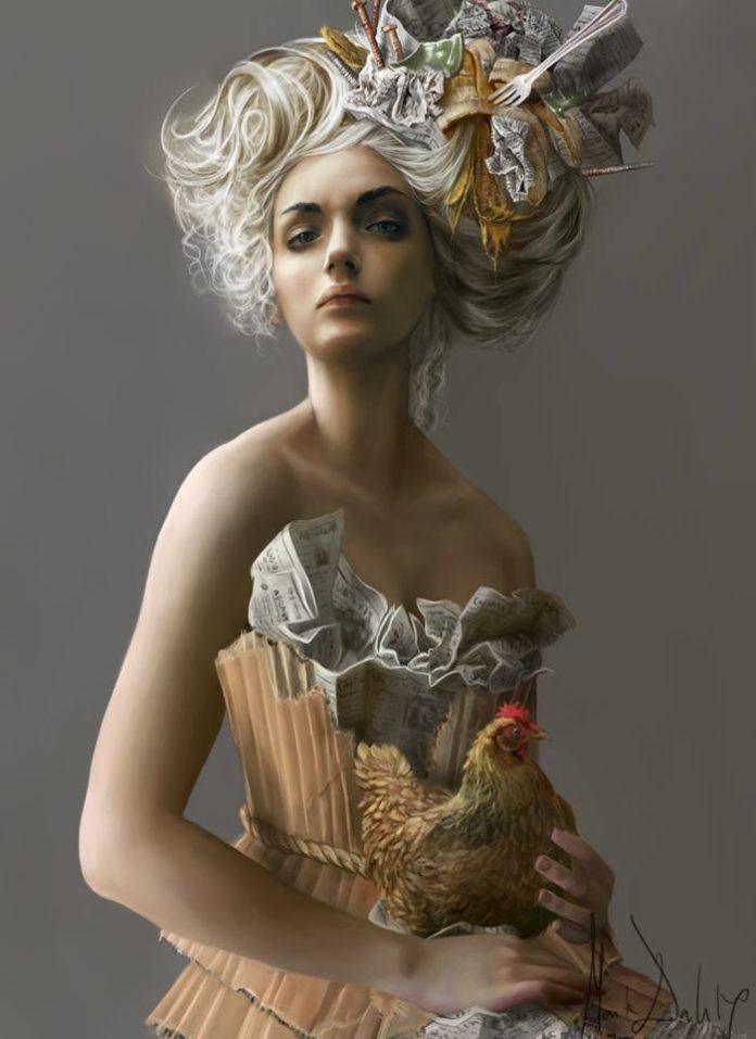 photorealistic photoshop digital painting portrait woman chicken art