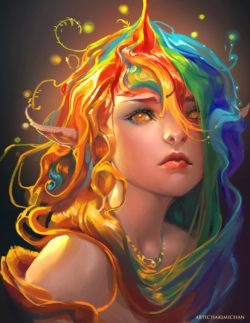 sakimichan rainbow hair elf girl beautiful fantasy portrait digital painting photoshop art