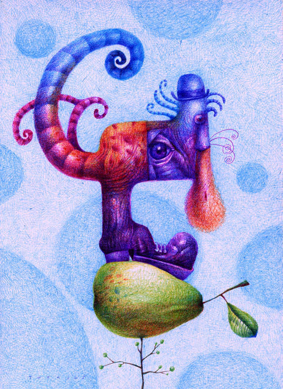 surrealism man pear boot strange bizarre unusual art painting illustration color