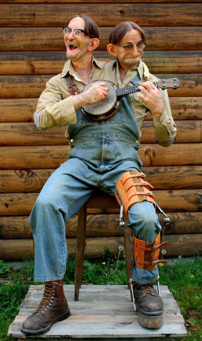 thomas kuebler life size sculpture freak show banjo brothers two headed man hillbilly