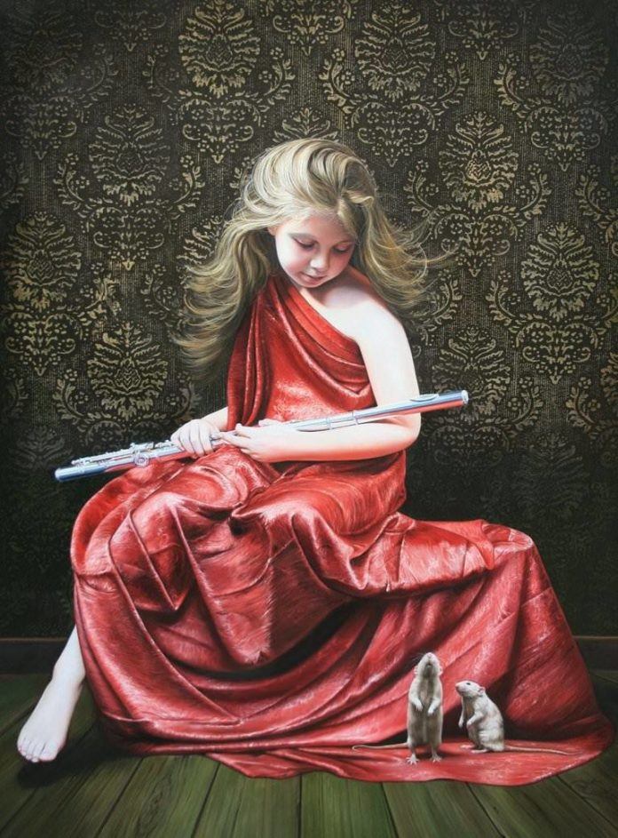 girl rats pets children cute flute music fine art painting beautiful realistic