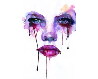 intense watercolor painting blood tears female face feminine portrait pink purple art eyes