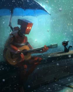 robot guitar cat yowling rain umbrella funny photoshop painting digital art humor cute character