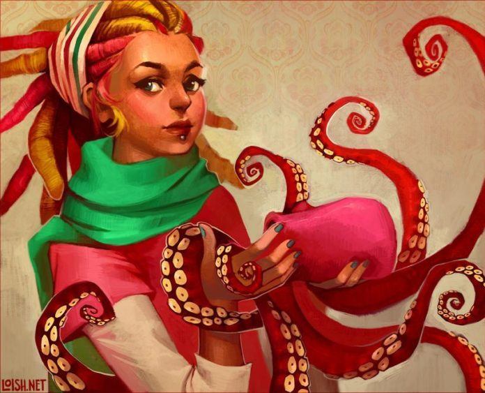 dreadlock hair hippy girl octopus big eyes pretty beautiful woman digital art photoshop cartoon painting