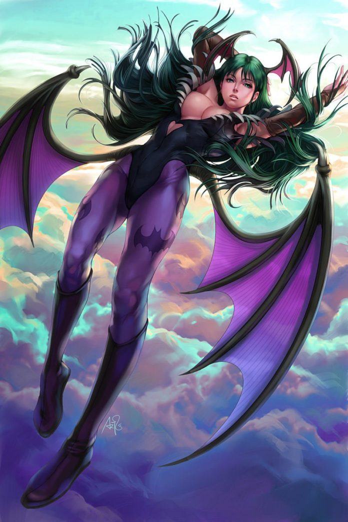 morrigan game character sexy superhero bat wings flying anime manga style photoshop illustration painting
