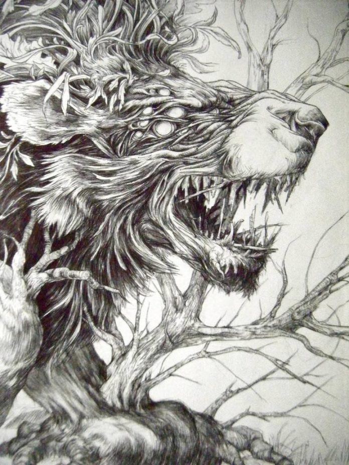nature fantasy beast animal lion brach tree hybrid creature art illustration drawing