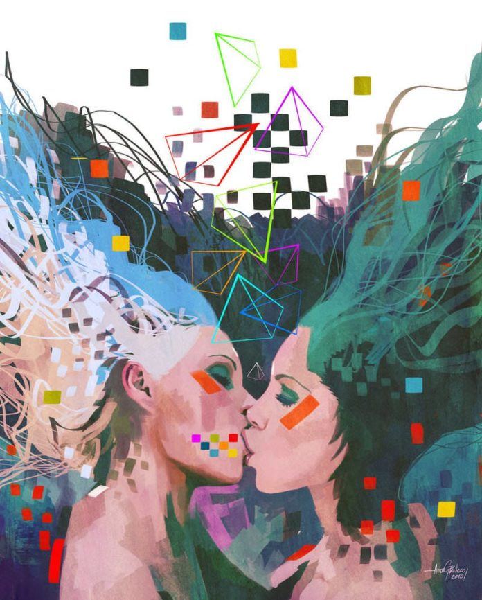 two girls kissing gay lesbian rights rainbow photoshop painting digital art design