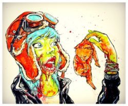 alister dippner zombie girl eating kittens cat cartoon horror painting gore illustration
