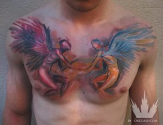 Tattoo artist Ondrash creates a balance between good and evil in this watercolor angel tattoo