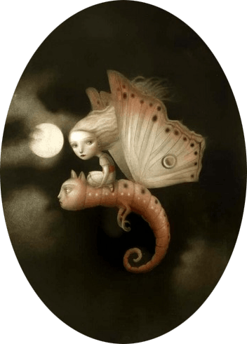 cat caterpillar flying insect girl riding butterfly wings creature fantasy surrealism art illustration