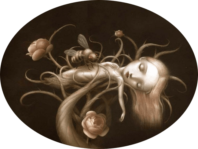 coccoon girl tree flower bee sleeping beauty fantasy art surrealist painting childrens book illustration