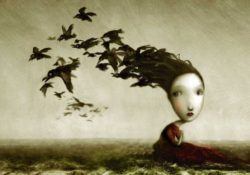 girl with birds hair surrealist painting fantasy children's book illustration art design