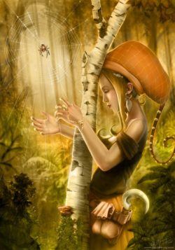 hippy nature girl fairy tale spider web harp wishes dreams music fantasy illustration art