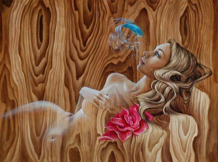 A Mandy Tsung wood painting of a beautiful blonde girl with a flower and a siamese fighter fish