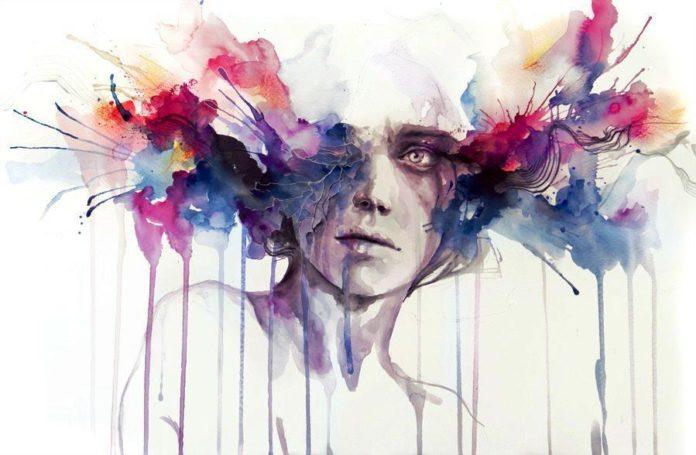 modern art watercolor portrait color brains head exploding drip dribble splatter splash ink spill painting