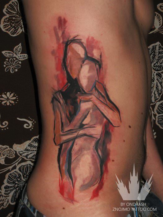 A man and woman hug in this watercolor tattoo by Ondrash that symbolizes love and relationships