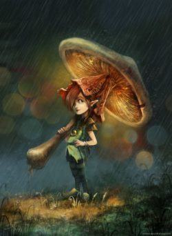 pixie girl mushroom umbrella cute fairy tale creature fantasy illustration art picture