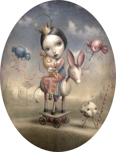 princess on rocking horse flying sweets confection surrealist fantasy illustration art story book