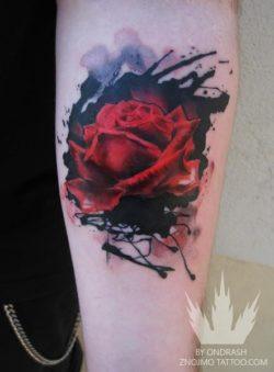 A beautiful red rose sits among ink splatters in this stunning watercolor flower tattoo by Ondrash