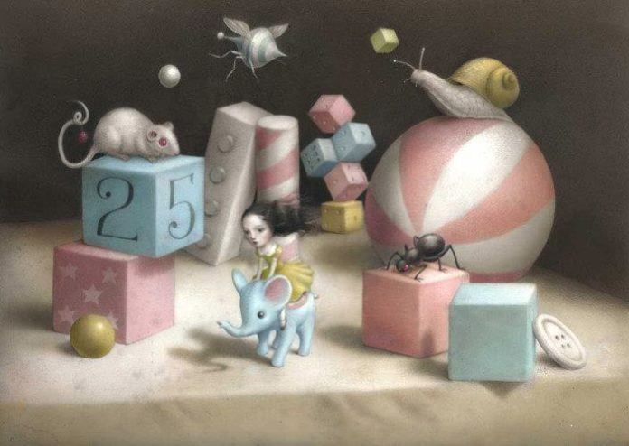 surrealist painting illustration tiny girl riding elephant toys kids story childrens book art
