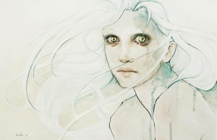 trauma drama emo girl white hair green eyes fear art portrait watercolor painting sketch