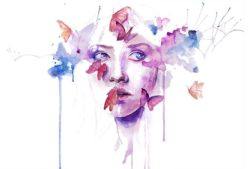 watercolor woman portrait face drip splash splatter ink spill beautiful girl painting art butterflies feminine