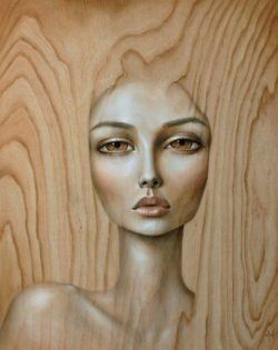 A stunning pop surrealism portrait of a beautiful woman painted on wood by Mandy Tsung