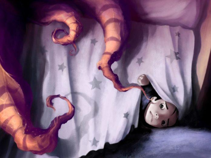A Photoshop illsutration by Cyril Rolando of a girl hiding from a monster on her bed