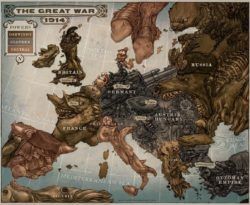 Amazing Art Nouveau fantasy illustration by Keith Thompson of a map of Europe made using caricature faces